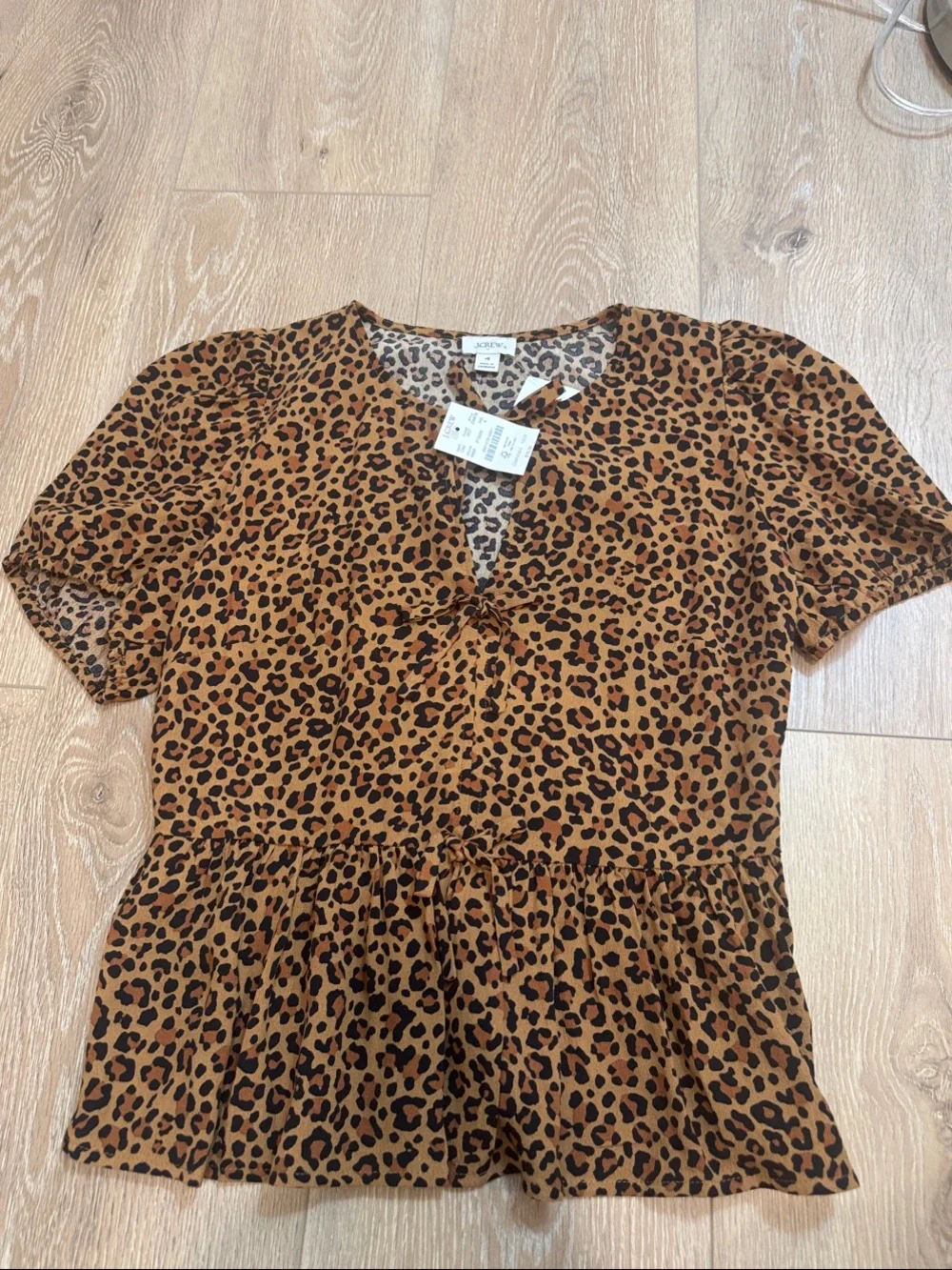 J. Crew Leopard Print Peplum Short Sleeve Top in Brown and Black